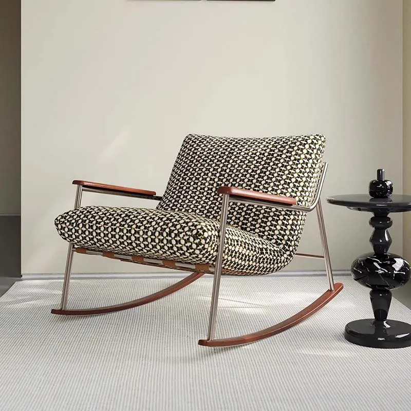 Contemporary Nordic Square Rectangular Woven Fabric Ash Wood Stainless Steel Removable Rocking Chair Backrest Armrest For Living Room