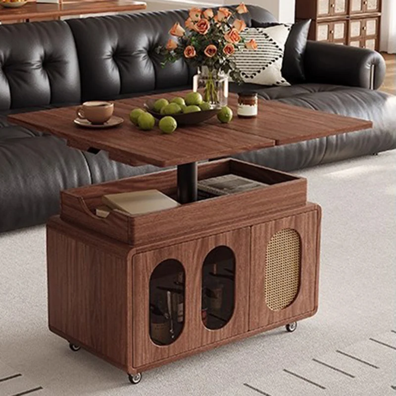 Modern Mid-century Square Rectangular Rubberwood Solid Wood Plywood Plastic Rattan Glass Foldable Movable Weaving Coffee Table 2-Tier For Living Room