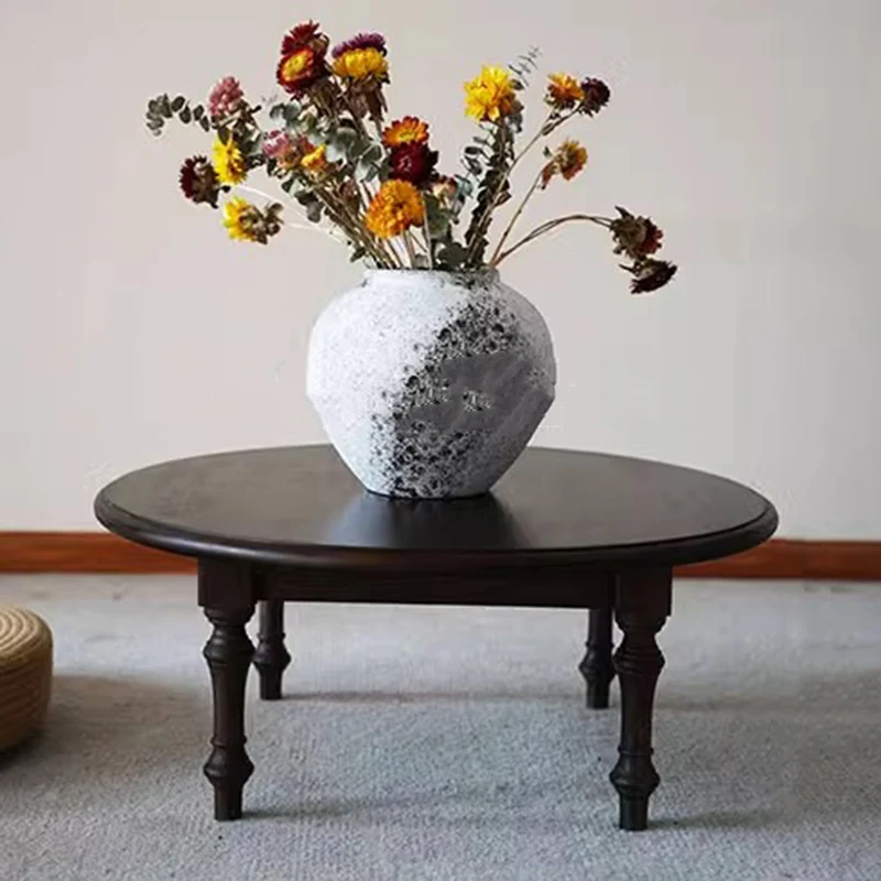 Modern Shabby Chic Pine Wood Round Tatami Bay Window Coffee Table 1-Tier For Living Room