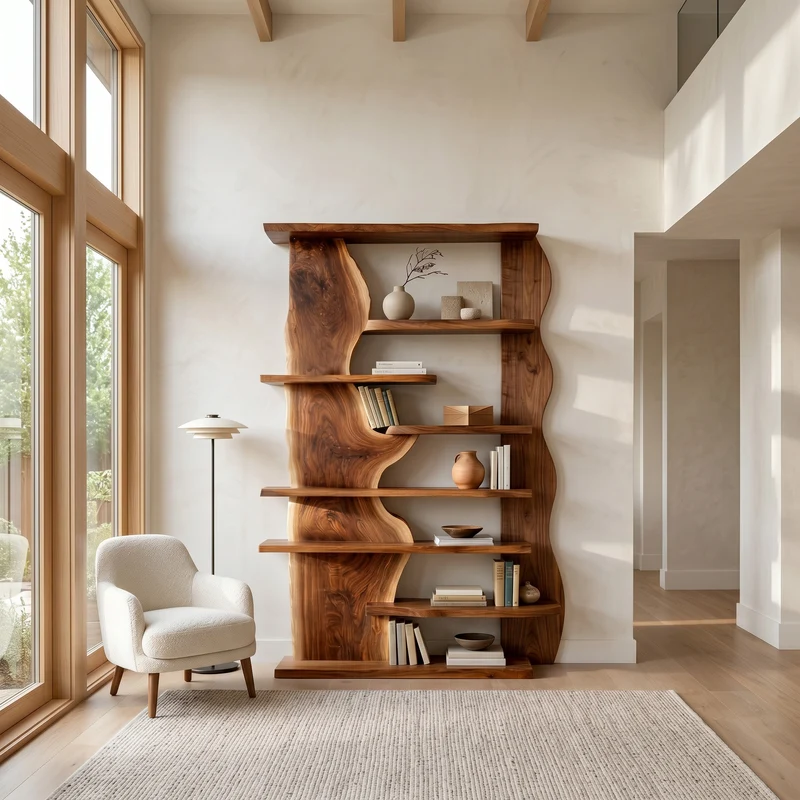 Spry Interior Organic Live Edge Wooden Standing Shelf, Rustic Tiered Bookcase Natural Slab Wood Display Rack for Living Room - RTTHHNSS016