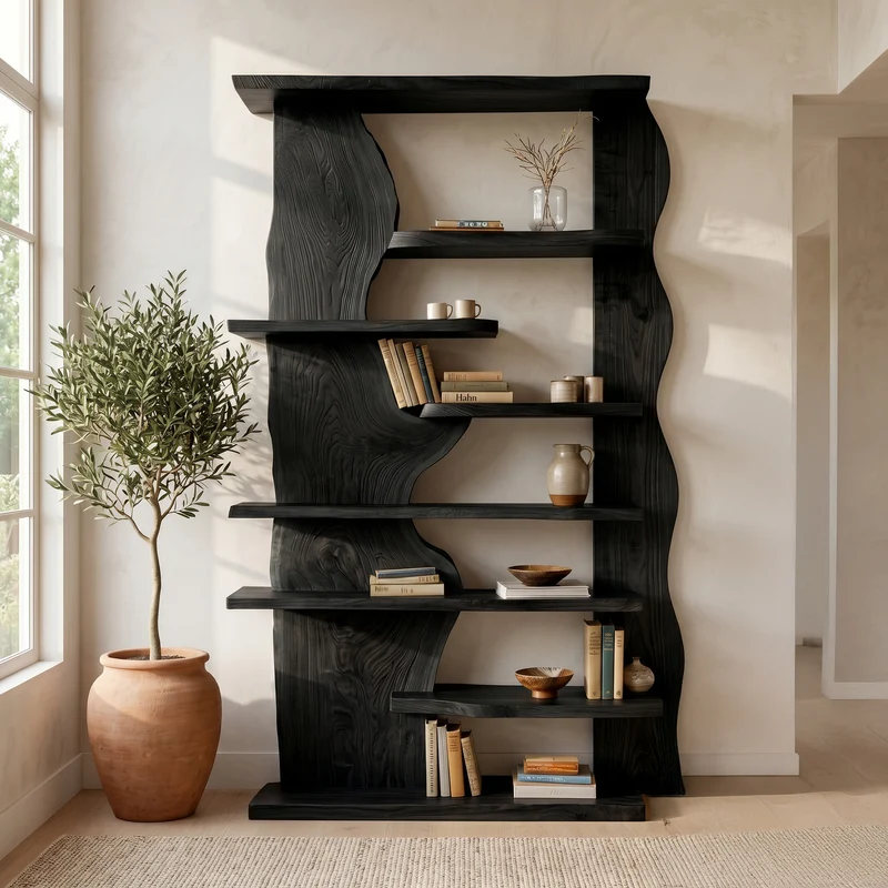 Spry Interior Organic Live Edge Wooden Standing Shelf, Rustic Tiered Bookcase Natural Slab Wood Display Rack for Living Room - RTTHHNSS016