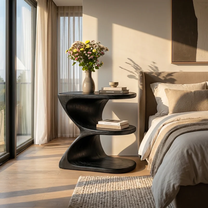 Spry Interior Modern Natural Wood Nightstand, Unique E-Shape Bedside Table with Open Shelves for Bedroom, Model RTTHTTNS041