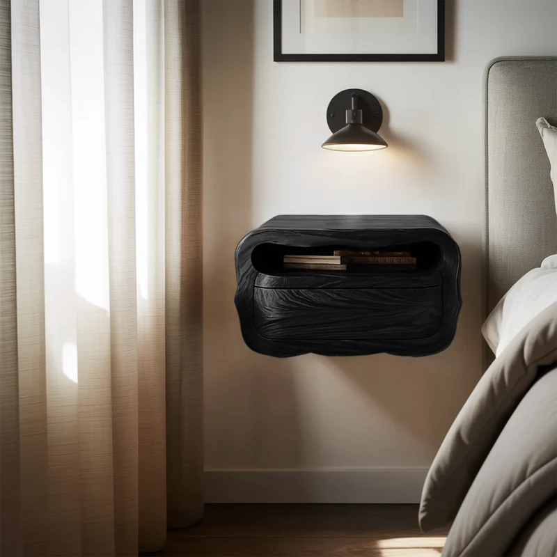 Spry Interior Modern Floating Nightstand with Soft Curves, Wall Mounted Wooden Bedside Table with Drawer, Model RTTHHNNS011