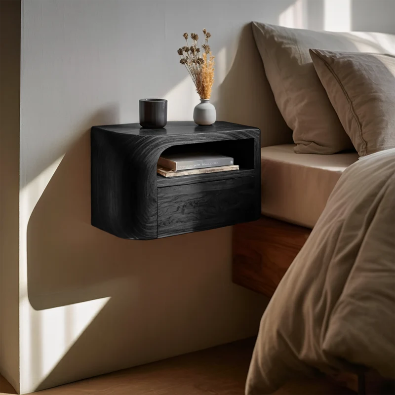 Spry Interior Modern Floating Nightstand, Minimalist Wall Mounted Wood Bedside Table with Drawer for Bedroom, Model RTTHHNNS008