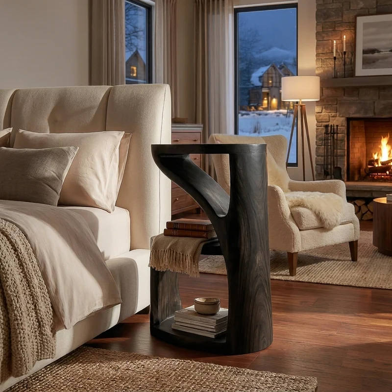 Spry Interior Elegant Wooden Nightstand, Sculptural Two-Level Bedside Table with Open Display Storage shelf, Model RTTHTTNS036