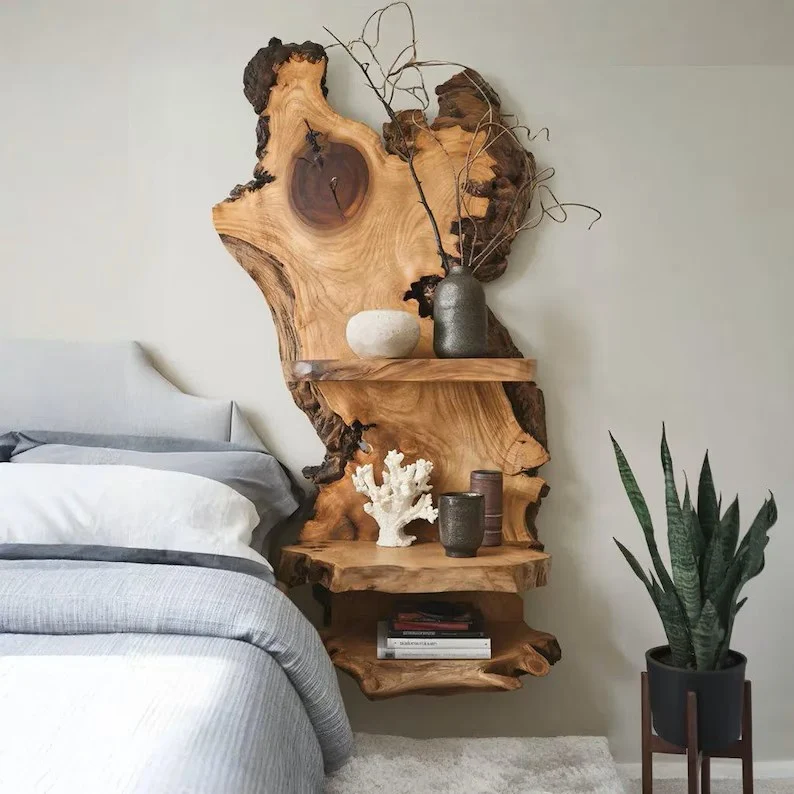 Rustic Live Edge Wood Shelf For Bedroom Decoration And Wooden Bookshelf Display SITHNS001