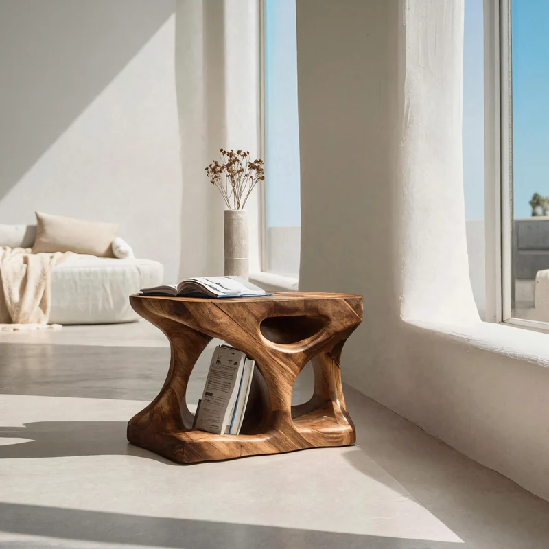 Spry Interior Scandinavian Wooden Side Table, Minimalist Curved End Table with Open Storage Shelf for Living Room, Model RTTHHNSTA016