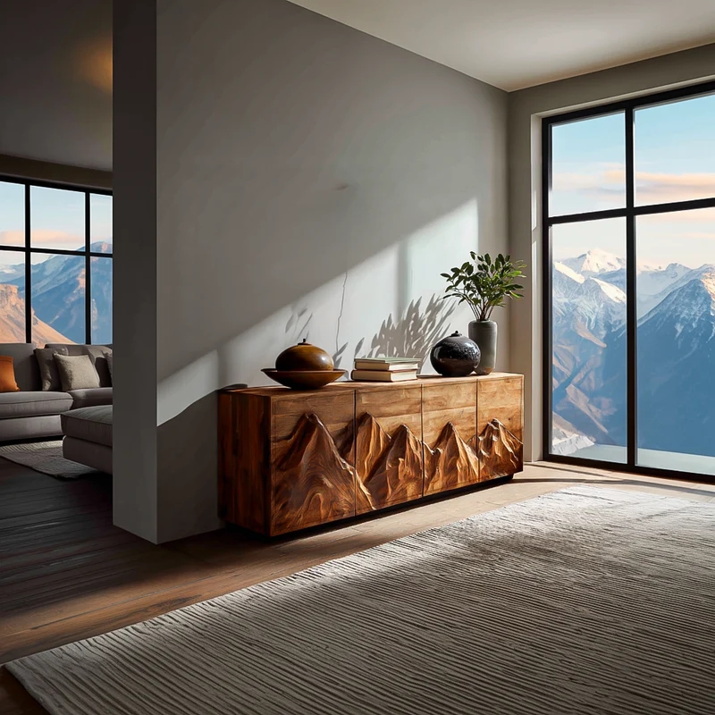 Spry Interior Statement Wooden Sideboard with Mountain Landscape Carved Doors, Solid Wood Credenza Cabinet for Dining Room, Model RTTHTTSD047