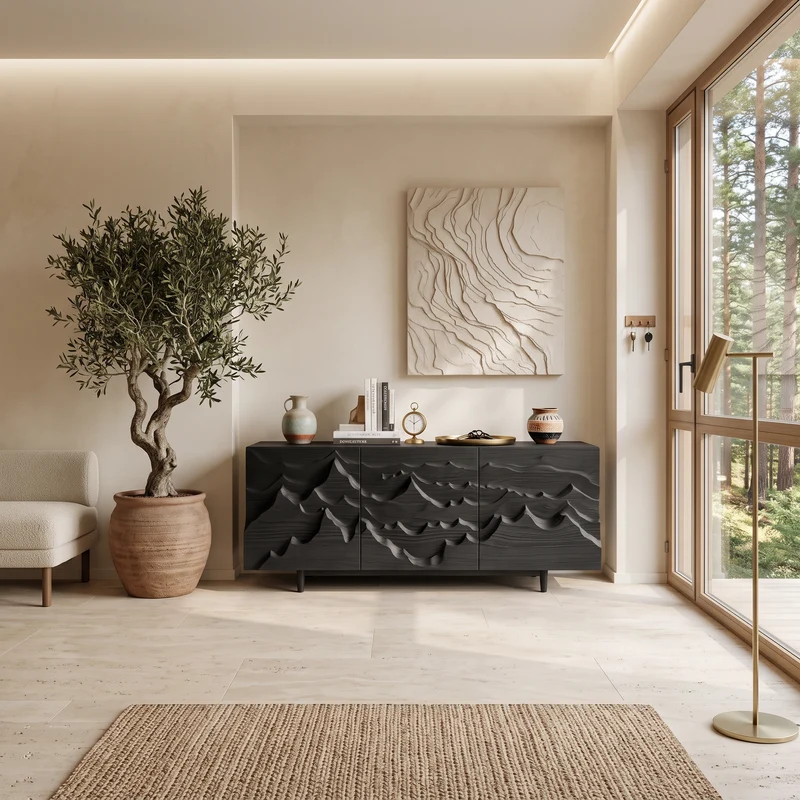 Spry Interior Modern Sideboard with Layered Mountain Carving, Handcrafted Wood Credenza & Storage Cabinet for Living Room, Model RTTHTTSD046