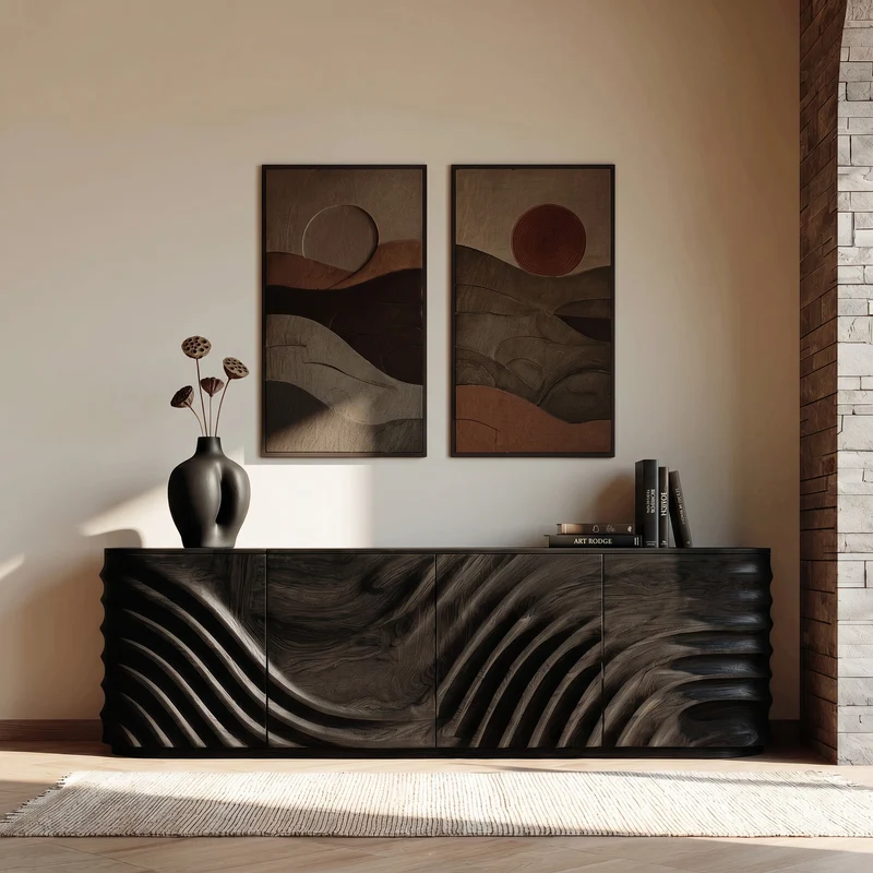 Spry Interior Modern Wooden Sideboard with Carved Door, Handcrafted Solid Wood Credenza Cabinet for Minimalist Living Space, Model RTTHHNSD039
