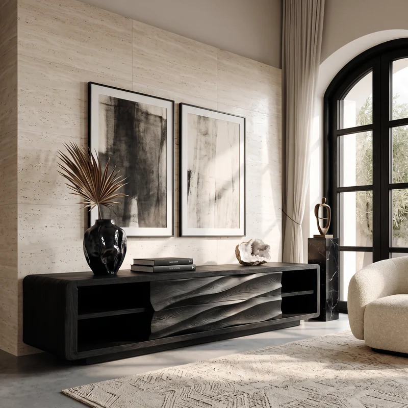 Spry Interior Quiet Luxury Low Sculpted Sideboard, Handcrafted Wooden Credenza Cabinet & Media Console for Living Room, Model RTTHHNSD024