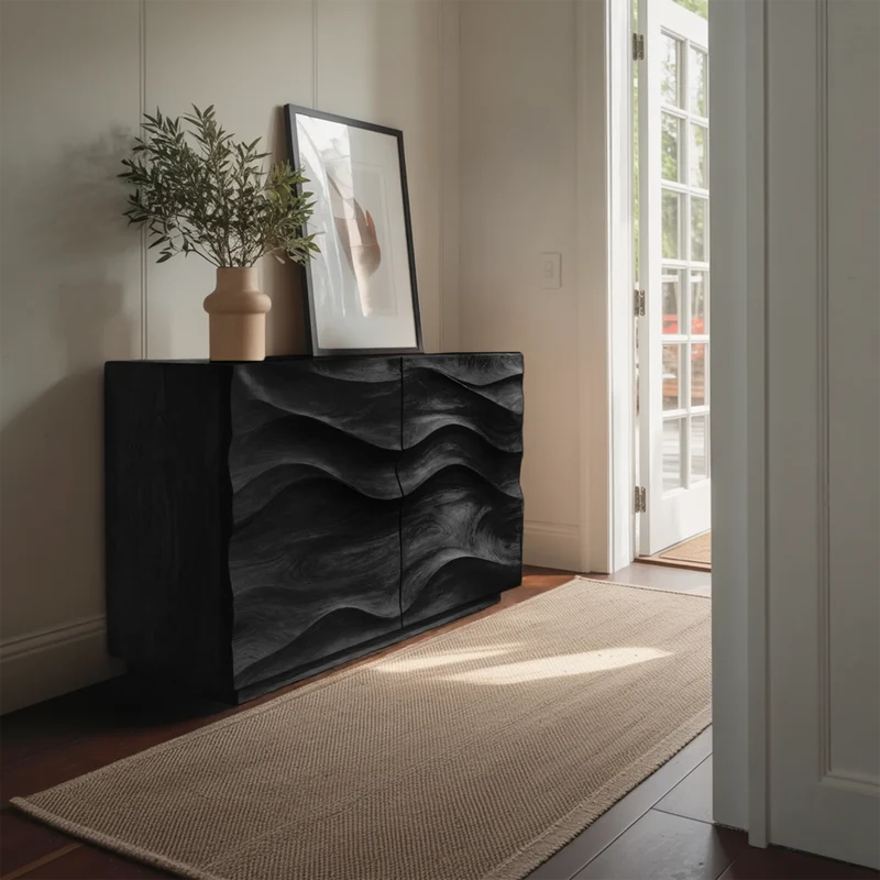 Spry Interior Contemporary Sideboard Sculptural Carved Cabinet, Handcrafted Wood Credenza Storage Console for Living Room, Model RTTHHNSD009