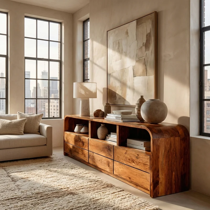 Spry Interior Modern Natural Wood Sideboard with Open Shelf, Handcrafted Solid Wood Credenza Cabinet for Living Room, Model RTTHHNSD027