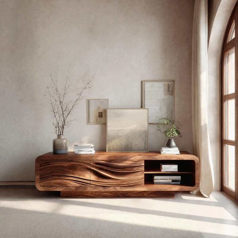 Spry Interior Modern Organic Sculpted Sideboard, Handcrafted Solid Wood Credenza Cabinet & Buffet for Living Room Dining, Model RTTHHNSD025