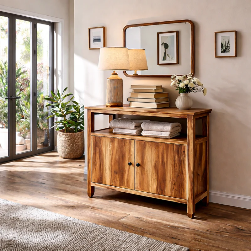 Spry Interior Contemporary Wooden Sideboard for Japandi Interior, Handcrafted Solid Wood Credenza Cabinet for Dining Room, Model RTTHTTSD048