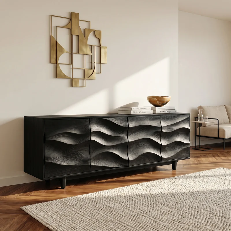 Spry Interior Rustic Wooden Sideboard with Undulating Doors, Handcrafted Solid Wood Credenza Storage Cabinet for Living Room, Model RTTHHNSD040