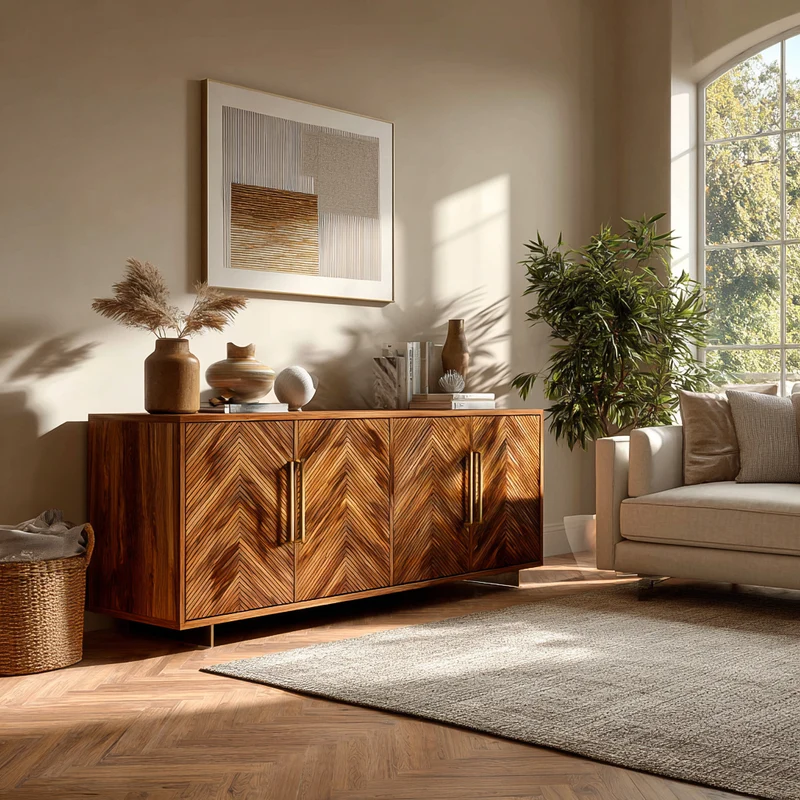 Spry Interior Sculptural Wood Sideboard with Layered Wave Doors, Luxury Handcrafted Solid Wood Credenza Cabinet for Home, Model RTTHTTSD059