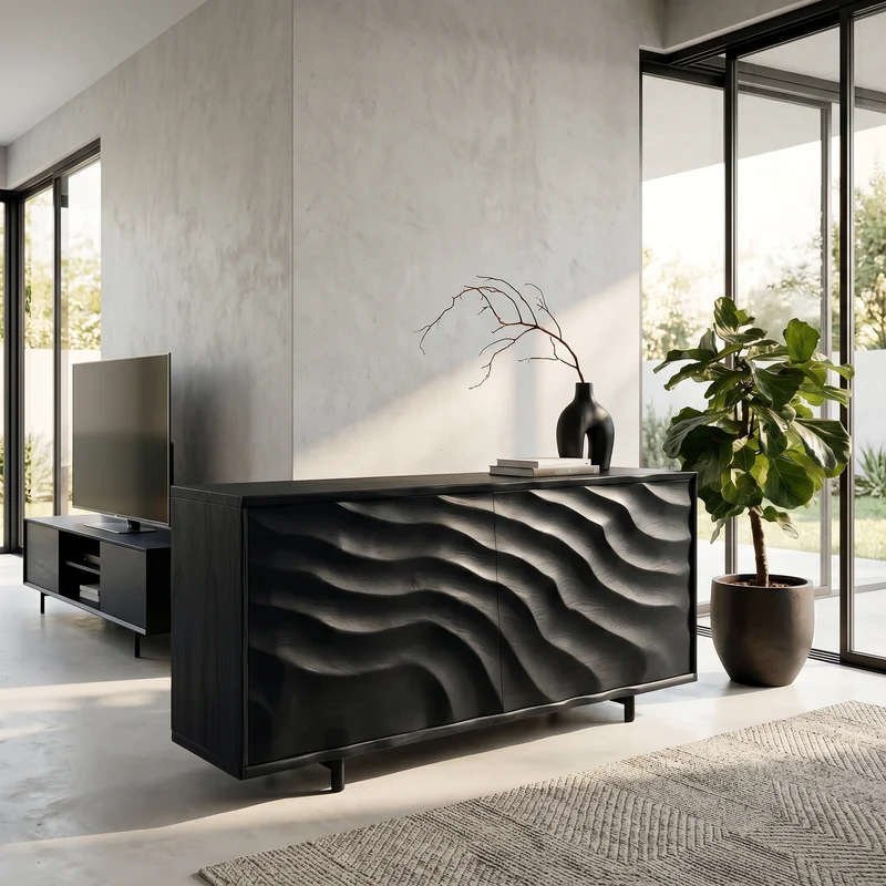 Spry Interior Contemporary Wooden Sideboard with Carved Doors, Handcrafted Solid Wood Credenza Storage Cabinet for Home, Model RTTHHNSD042