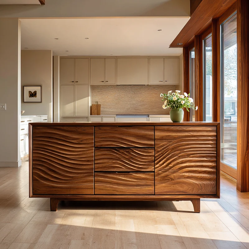 Spry Interior Modern Wood Sideboard with Wave Carving, Handcrafted Solid Wood Credenza Cabinet for Minimalist Interior, Model RTTHTTSD062