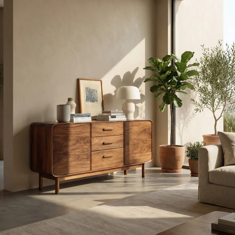Spry Interior Modern Organic Sideboard with Center Drawers, Handcrafted Solid Wood Credenza Buffet Cabinet for Living Room, Model RTTHHNSD017