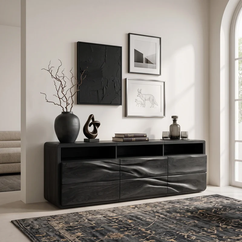 Spry Interior Organic Wave Carved Wood Sideboard, Handcrafted Solid Wood Credenza Storage Cabinet for Modern Living Room, Model RTTHHNSD029