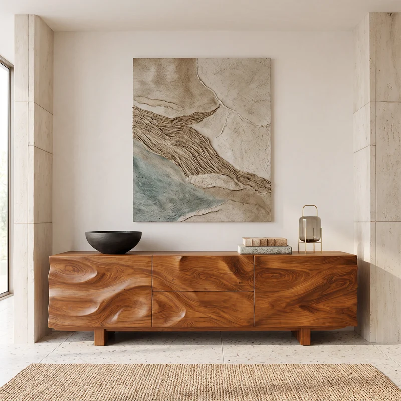 Spry Interior Modern Organic Sideboard Storage Cabinet, Handcrafted Solid Wood Credenza & Buffet for Living Room, Model RTTHHNSD019