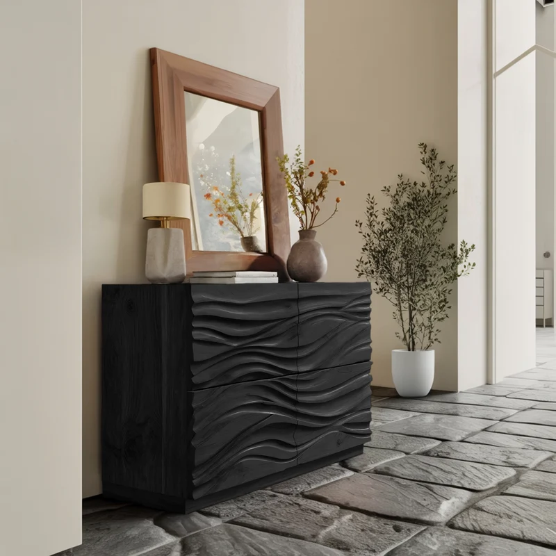Spry Interior Handcrafted Sideboard with Carved Wave Design, Solid Wood Credenza Storage Cabinet for Living Room Decor, Model RTTHHNSD007