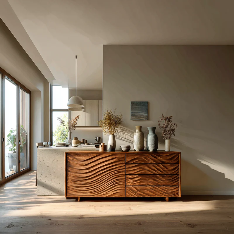 Spry Interior Wooden Sideboard with Sculpted Wave Doors, Handcrafted Solid Wood Credenza Storage Cabinet for Dining Room, Model RTTHTTSD061