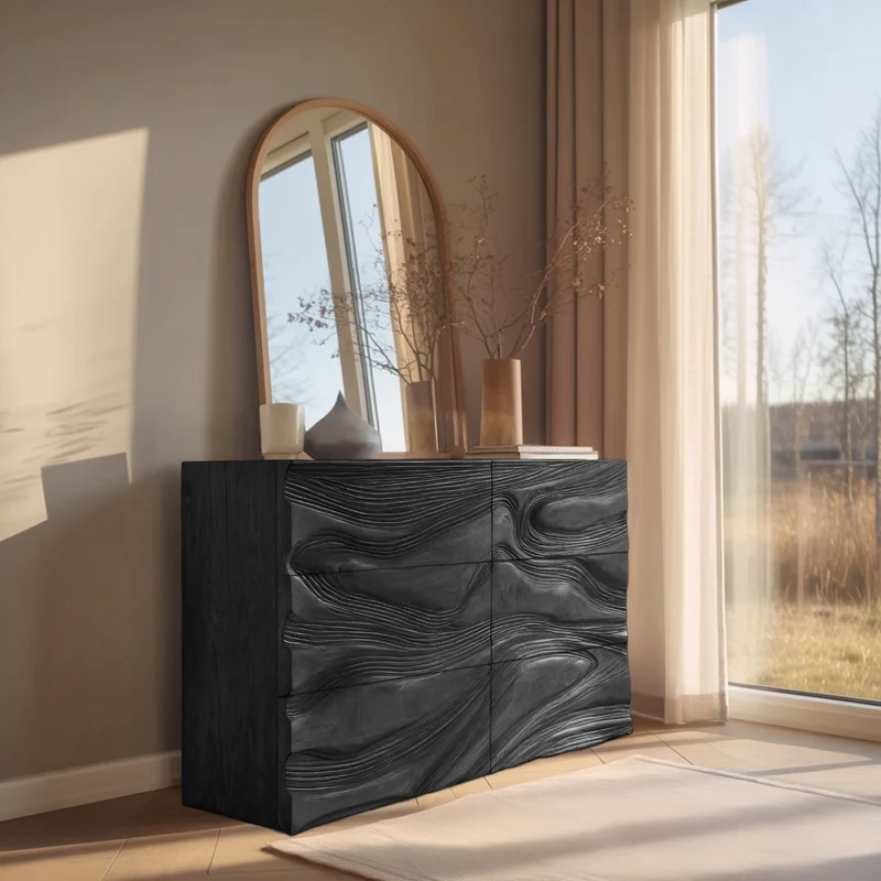 Spry Interior Minimalist Wooden Sideboard with Sculpted Wave Front, Handcrafted Solid Wood Credenza for Living Room Decor, Model RTTHHNSD010