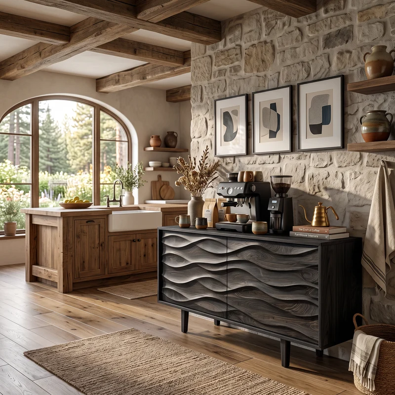 Spry Interior Contemporary Sideboard with Carved Wave Front Panels, Handcrafted Solid Wood Credenza Buffet Cabinet for Home, Model RTTHTTSD054