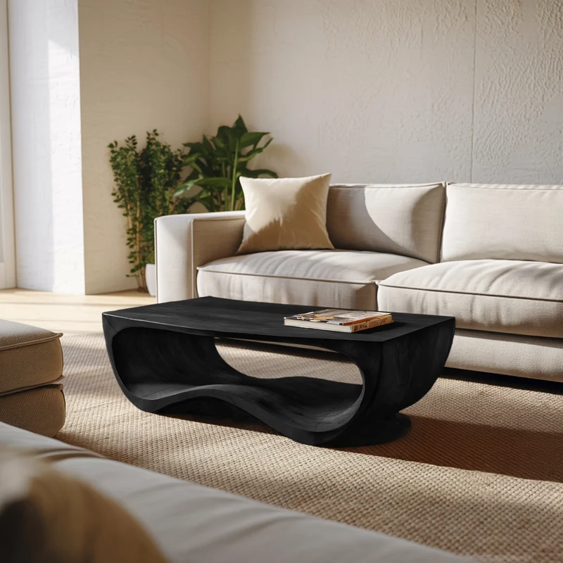 Spry Interior Artistic Sculptural Curved Coffee Table, Handcrafted Solid Wood Center Table for Modern Living Room Lounge, Model RTTHHNCF052