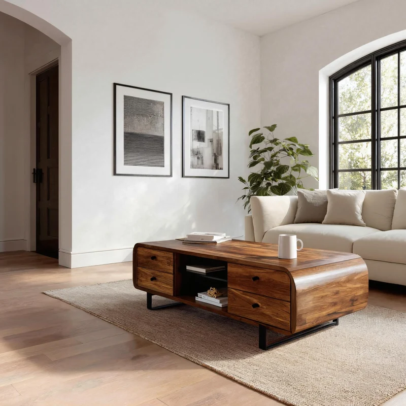 Spry Interior Contemporary Wooden Coffee Table with Drawer & Open Shelf, Handcrafted Living Room Storage Center Table, Model SITHHNCF026