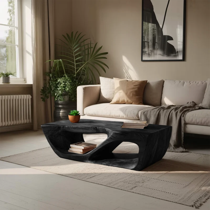 Spry Interior Modern Wooden Coffee Table with Curved Storage Shelf, Low Profile Minimalist Center Table for Living Room, Model RTTHHNCF046