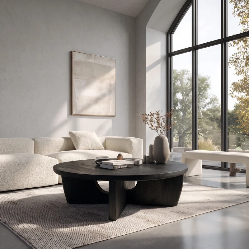 Spry Interior Round Wooden Coffee Table with Unique Pedestal Base, Modern Solid Wood Center Table for Living Room, Model RTTHHNCF067