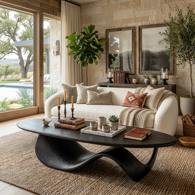 Spry Interior Modern Wooden Coffee Table with Sculptural Wave Design, Unique Organic Center Table for Living Room, Model SITHTTCF006
