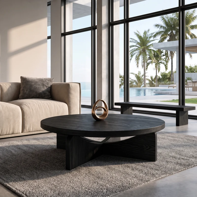 Spry Interior Modern Round Wood Coffee Table with Unique Geometric Base, Contemporary Solid Wood Center Table, Model RTTHHNCF071