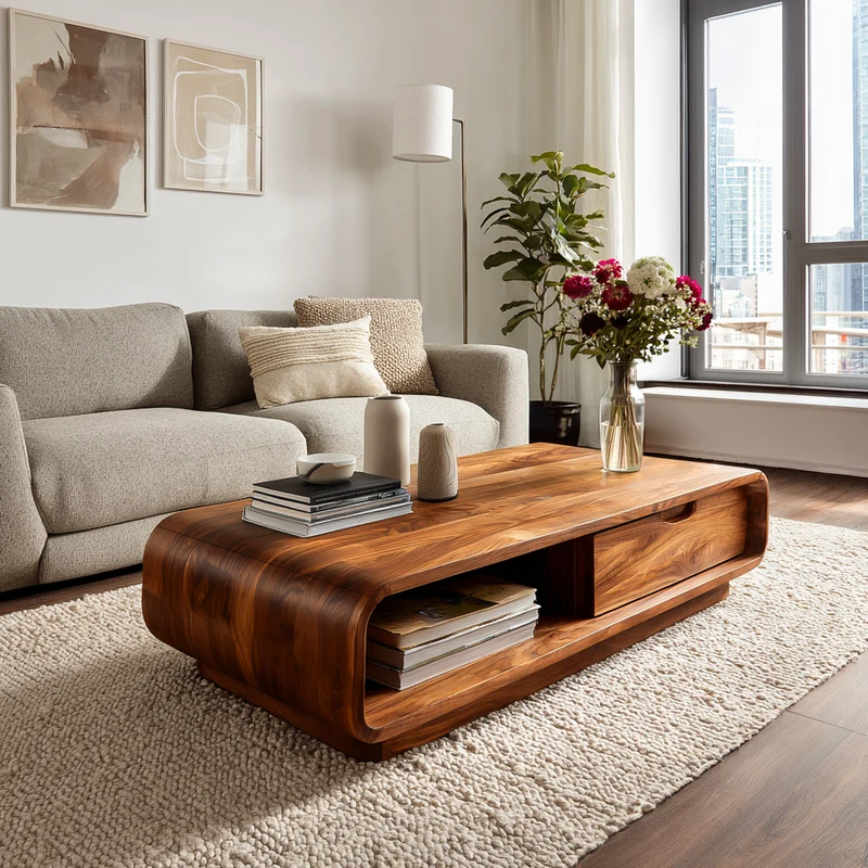 Spry Interior Modern Wooden Coffee Table with Drawer & Curved Silhouette, Minimalist Storage Center Table, Model RTTHTTCF045