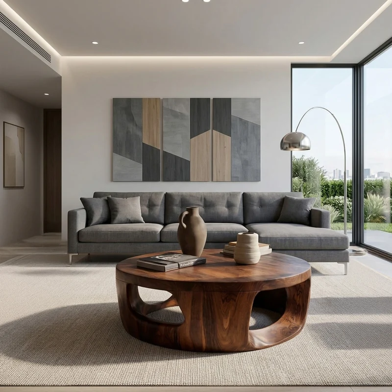 Spry Interior Contemporary Round Wooden Coffee Table with Open Cut Out Base, Modern Minimalist Center Table, Model RTTHHNCF068