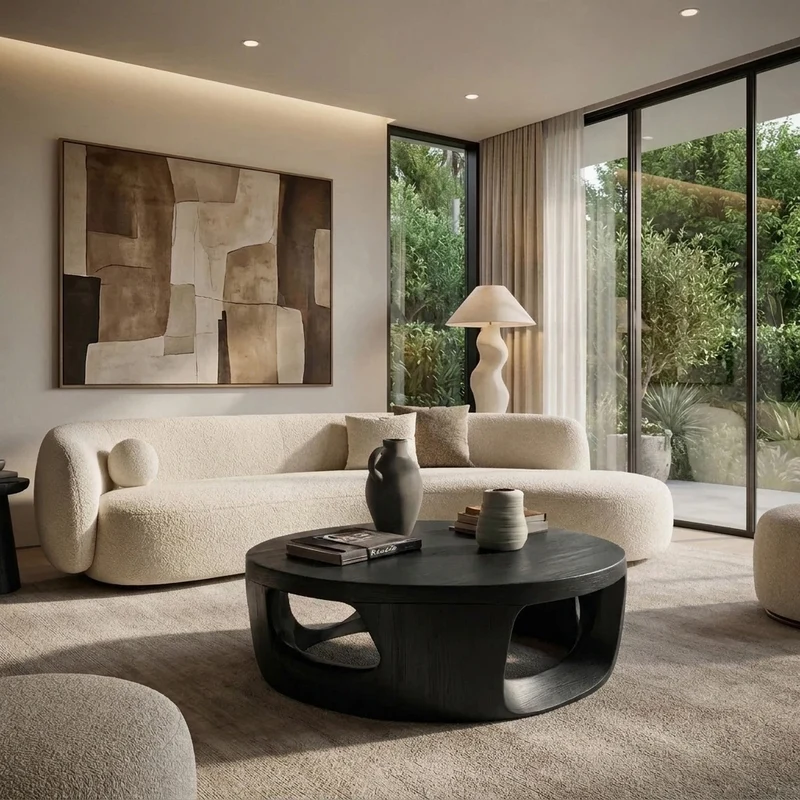 Spry Interior Contemporary Round Wooden Coffee Table with Open Cut Out Base, Modern Minimalist Center Table, Model RTTHHNCF068