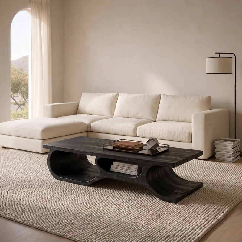 Spry Interior Organic Wooden Coffee Table with Open Shelf Design, Modern Low Profile Storage Center Table, Model RTTHHNCF054