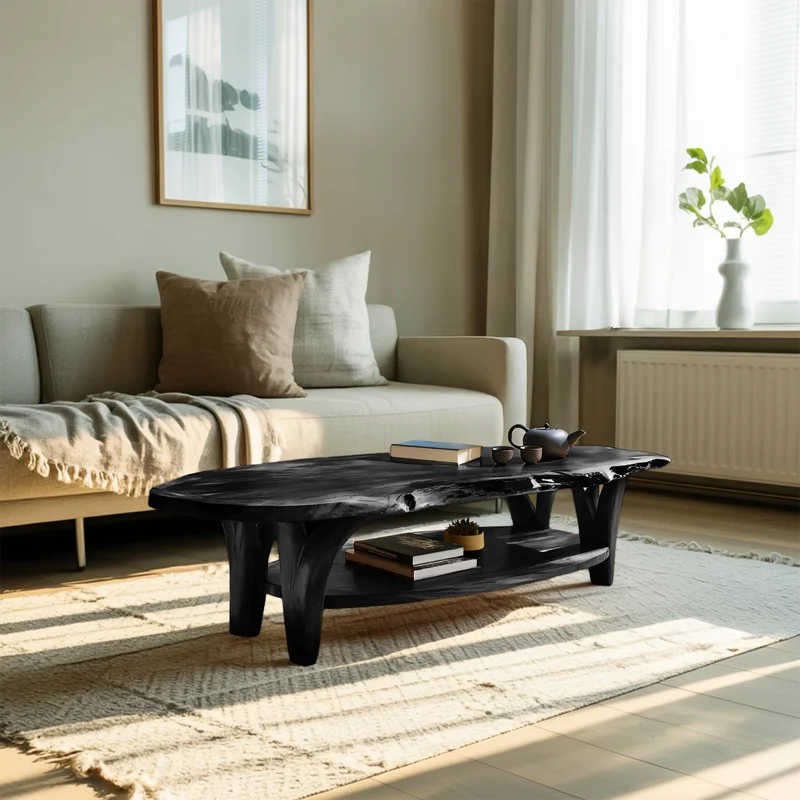 Spry Interior Modern Live Edge Wooden Coffee Table, Rustic Solid Wood Center Table for Living Room Decor, Model RTTHTTCF033