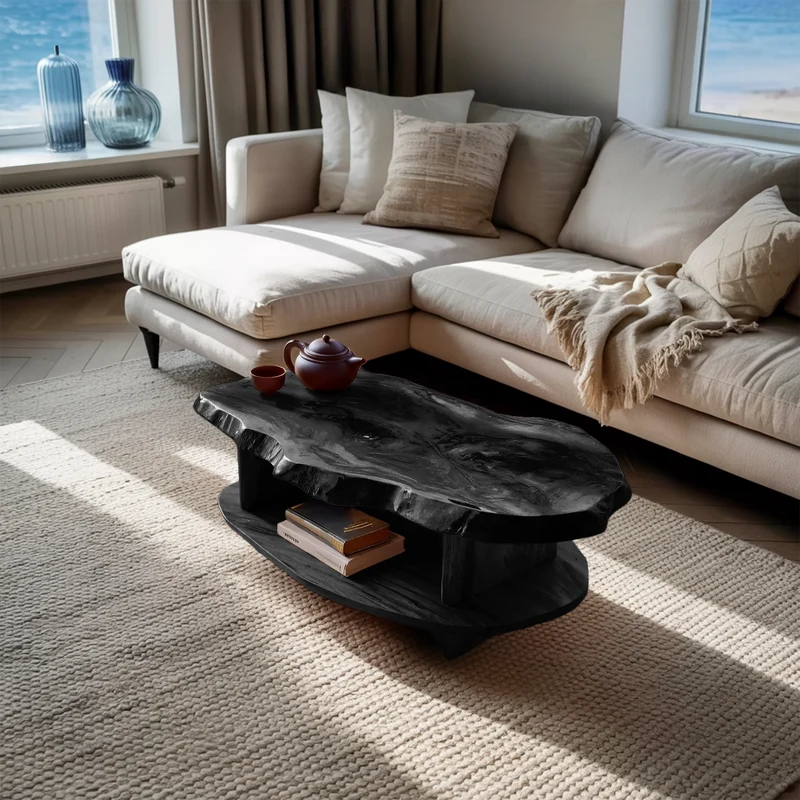 Spry Interior Rustic Wooden Coffee Table with Live Edge & Open Storage Shelf, Solid Wood Center Table, Model RTTHTTCF032