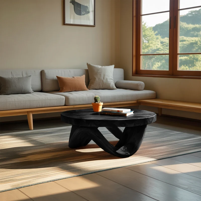 Spry Interior Modern Sculptural Wooden Coffee Table with Curved Wave Base, Unique Organic Center Table, Model RTTHTTCF041