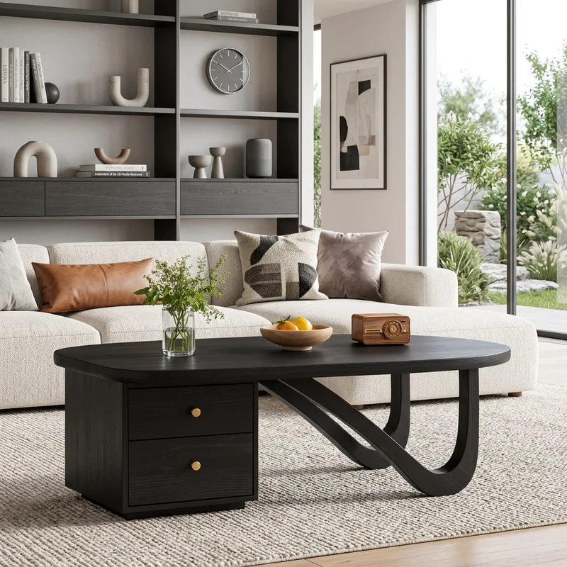 Spry Interior Modern Wooden Coffee Table with Storage Drawer, Minimalist Low Profile Center Table for Living Room, Model RTTHTTCF051