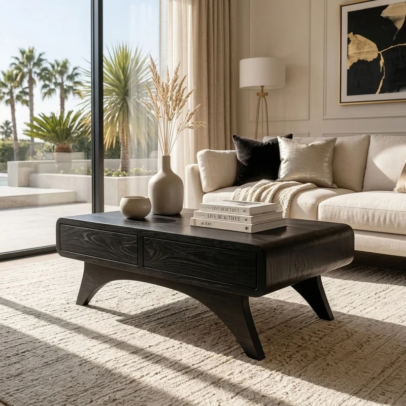Spry Interior Handcrafted Wooden Coffee Table with Storage Drawers, Solid Wood Mid-Century Center Table, Model SITHHNCF012