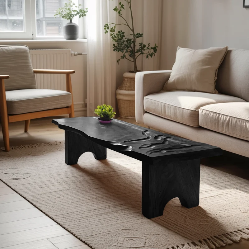 Mid Century Modern Abstract Solid Wood Coffee Table, Unique Handcrafted Organic Shaped Low Center Table for Living Room Entryway, SILDTTRCF097