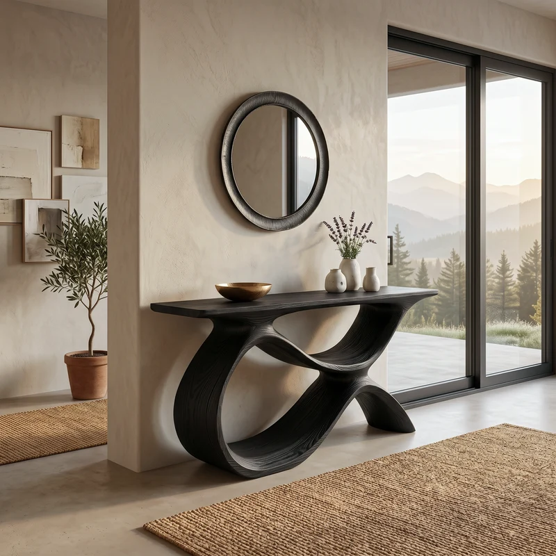 Spry Interior Modern Wooden Console Table with Curved Open Storage, Handcrafted Entryway Table for Hallway & Living Room, Model RTTHTTCS028