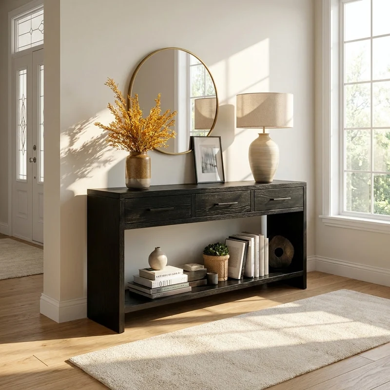 Spry Interior Handcrafted Wooden Console Table with Drawers, Solid Wood Entryway Table for Living Room & Hallway, Model RTTHHNCS026
