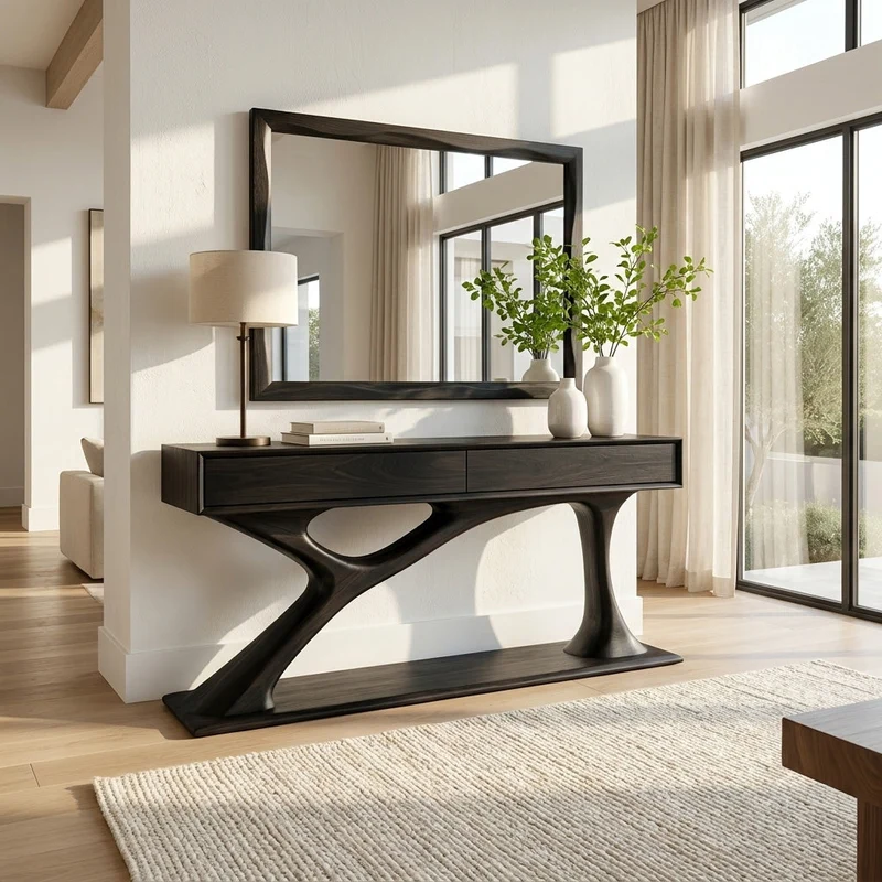 Spry Interior Contemporary Wooden Console Table with Sculptural Base, Handcrafted Entryway Foyer Table for Living Room, Model RTTHHNCS042