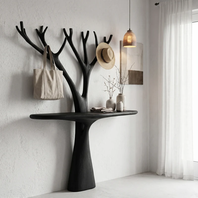 Spry Interior Rustic Organic Wooden Console Table, Live Edge Hallway Entryway Table with Tree Branch Base, Model SINLHACS602